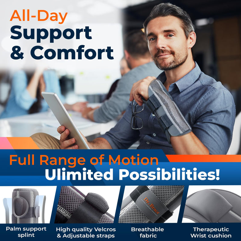 DR. BRACE Adjustable Wrist Brace Night Support for Carpal Tunnel, Doctor Developed, Upgraded with Double Splint & Therapeutic Cushion,Hand Brace for Pain Relief,Injuries,Sprains (L/XL Right Hand, Grey) Large/X-Large (Right Hand)