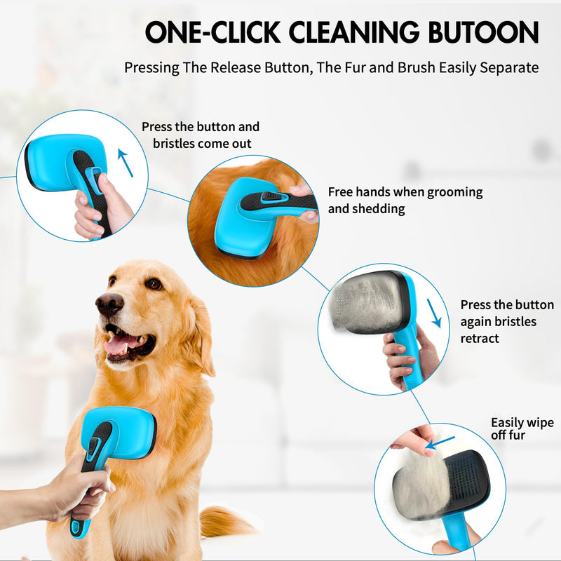Dog Self Cleaning Slicker Brush for Shedding, Ideal for Short Long Haired Dogs, Including Cat. Removes Loose Fur, Undercoat, Mats, Tangled Hair. Suit for Small Medium Large Animal, Blue - BeesActive Australia