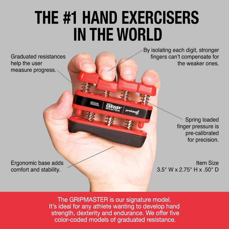 Prohands Gripmaster Hand Exerciser, Finger Exerciser (Hand Grip Strengthener), Spring-Loaded, Finger-Piston System, Isolate & Exercise Each Finger 7 lb (Medium Tension) Red - Gripmaster