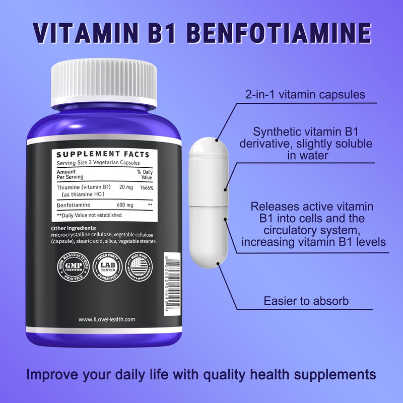 Benfotiamine 600mg Plus 20mg Vitamin B1 | 120 Veggie Capsules | Made in USA | 3rd Party Tested | Fat Soluble Essential Vitamin B1 Thiamine Supplement | Non-GMO | Gluten Free-Vegetarian Friendly Benfotiamine 600mg + 20mg Vitamin B1