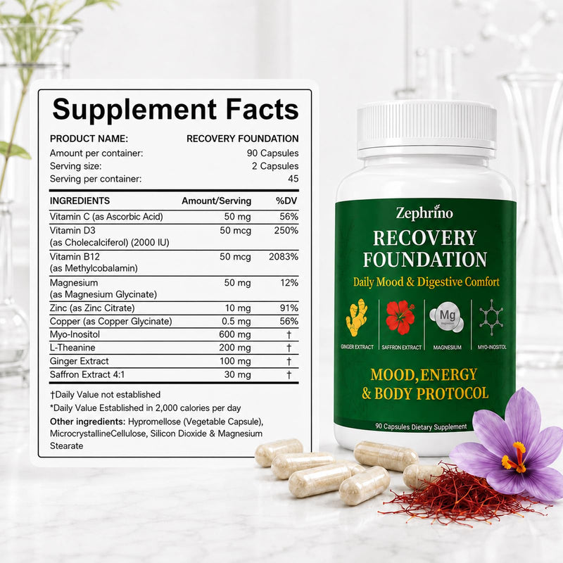 Zafira Organics Recovery Foundation Capsules – Mental Clarity, Hair & Mood Support, Natural Herbal Blend with Saffron Extract, Ginger Extract, L-Theanine, Myo-Inositol – Non-GMO, 90 Capsules