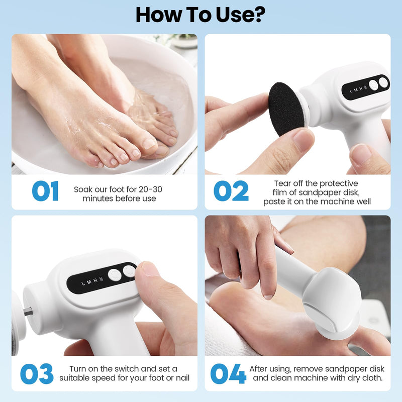 Electric Callus Remover for Feet, 2 in 1 Electric Foot File Grinder, Rechargeable Cordless Foot Scrubber for Dead Skin, Adjustable Speed with Sandpaper Discs, Professional Pedicure Tools,White Effortless Electric Foot Callus Remover White - BeesActive Australia