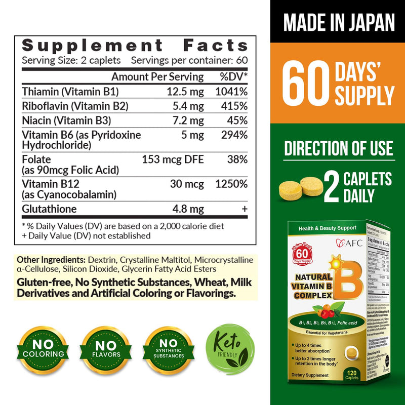 AFC Japan Vitamin B Complex - Stress, Energy, Immunity -120 Capsules | Natural vitamins B1 B2 B3 B6 B12, folic acid, glutathione yeast extract, no synthetics, non-GMO, 60 days' supply