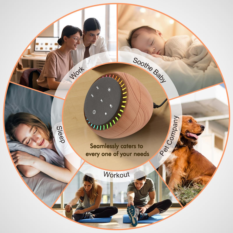 DreamSky Sound Machine for Sleep, White Noise for Sleeping Adults & Baby, Brown Noise Fan for Office Privacy & Noise Canceling, 26 Sounds & RGB Light, USB-C Powered for Home Travel, Wood Grain Small