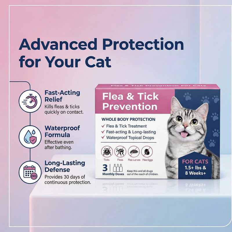 Topical Flea & Tick Drops for Cats & Kittens, Waterproof Monthly Care for Cats Over 1.5 lbs and 8 Weeks or Older, 3 Doses (3-Month Supply)
