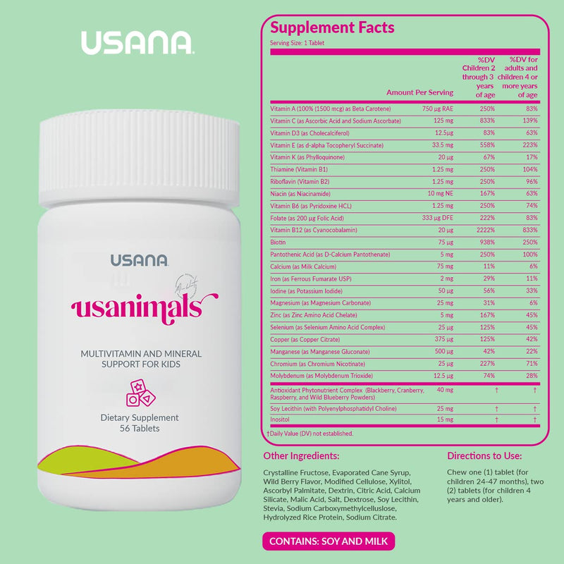 USANA - Usanimals Multivitamin for Kids - 56 Chewable Tablets | Features Vitamins A, C, D, E, B6, B12, Zinc, Iron, Calcium, Magnesium and Choline Animal-Shaped Chewables For Kids Ages 2–12