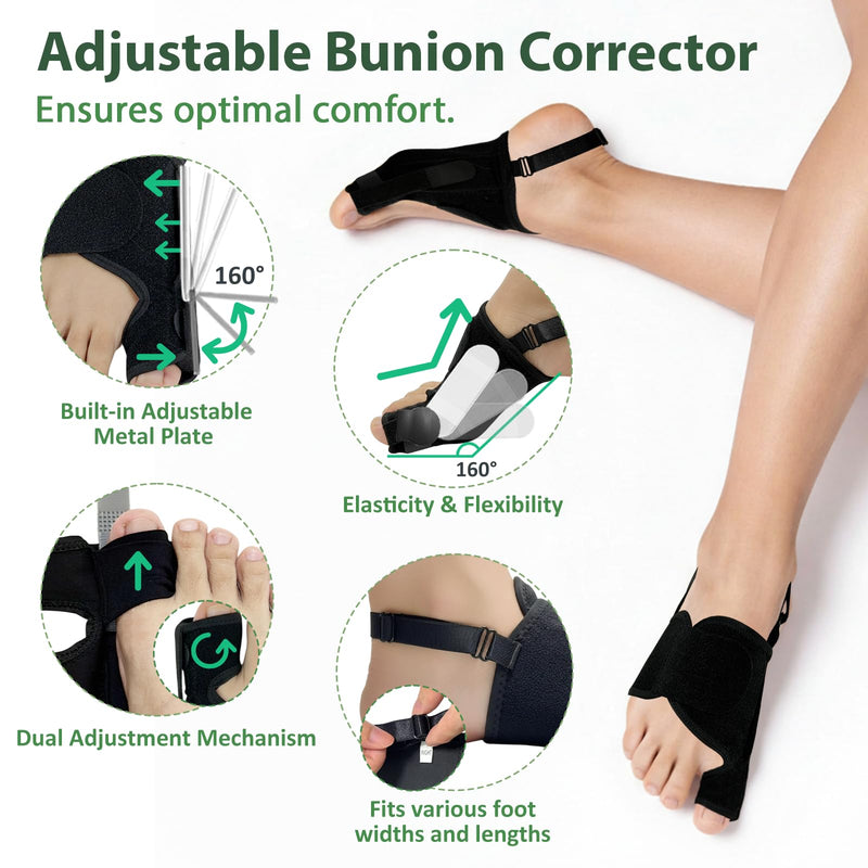 Bunion Corrector for Women & Men (2PCS), Adjustable Big Toe Separator, Day/Night Orthopedic Bunion Splint, Non-Surgical Hallux Valgus & Hammer Toe Straightener