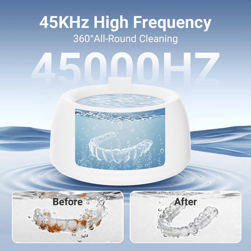 Ultrasonic Retainer Cleaner for Aligners & Dentures, 45kHz Dental Cleaning Machine with Digital Timer, 200ML Stainless Steel Tank, Low Noise Cleaner for Braces, Mouth Guards & Daily Dental Care White