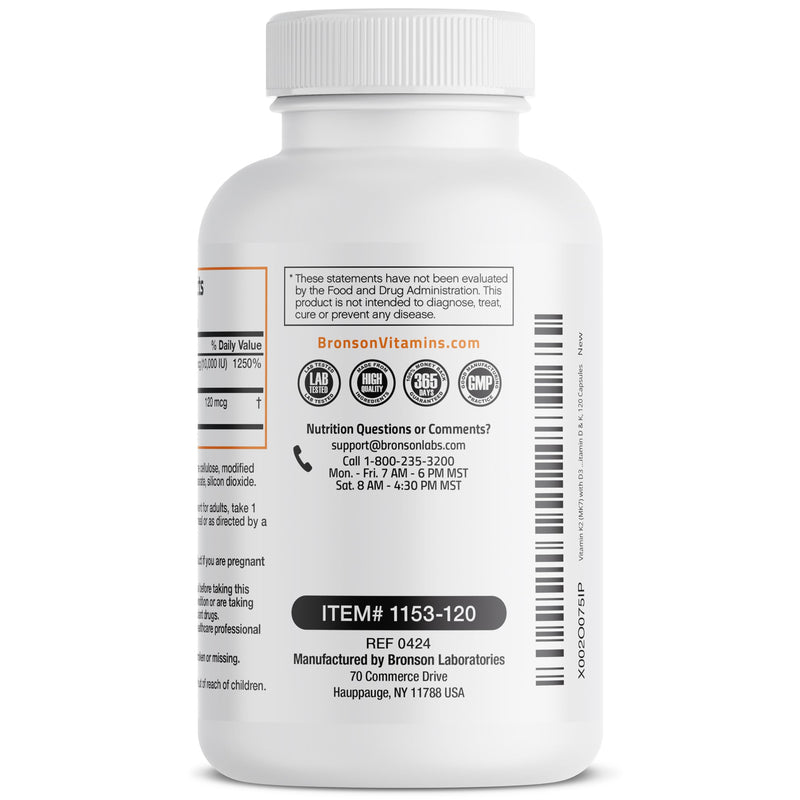 Bronson Vitamin K2 D3 (MK7) Extra Strength D3 & K2 Complex, 120 Capsules | Bone, Immune & Heart Health Support, Gluten Free, Soy Free, Non-GMO, Vitamin D3 10,000IU (250 mcg) & 120 mcg K2 MK-7 120 Count (Pack of 1)