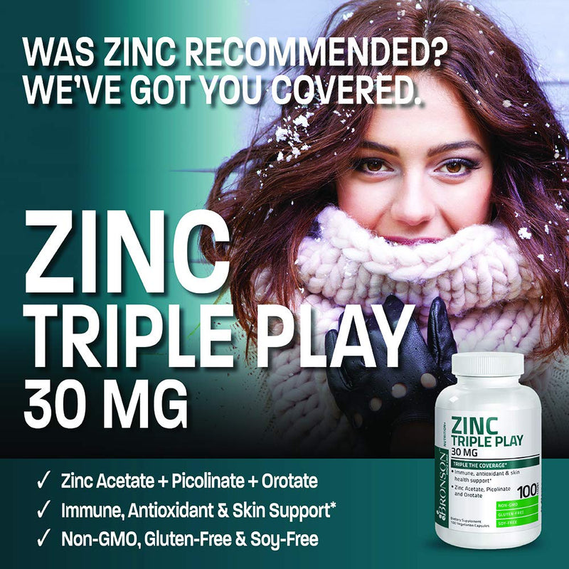 Bronson Zinc Triple Play 30 mg Triple Coverage Immune Support Zinc Supplement with Zinc Acetate, Picolinate & Orotate - Immune, Antioxidant & Skin Health Support - 100 Vegetarian Capsules 100 Count (Pack of 1) - BeesActive Australia