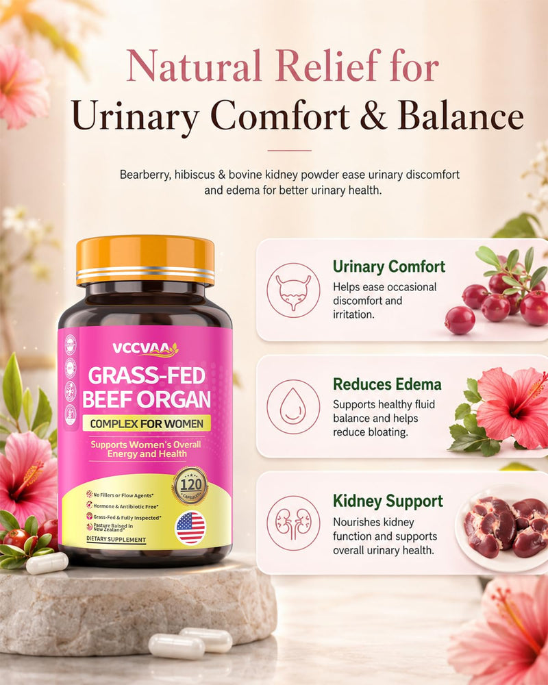 Beef Organ Supplement for Women, Grass-Fed Beef Liver Uterine Kidney Heart Organ Complex with Vitamins & Herbal | Detox, Hormone, Iron-Rich Energy & Skin Renewal | 120 Caps, 3rd Party Tested