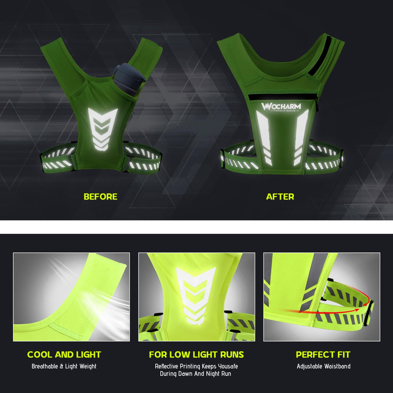 Reflective Vest Chest Phone Holder, Adjustable Hydration Training Workout Gear for Nighttime Running Biking Fluorescent green