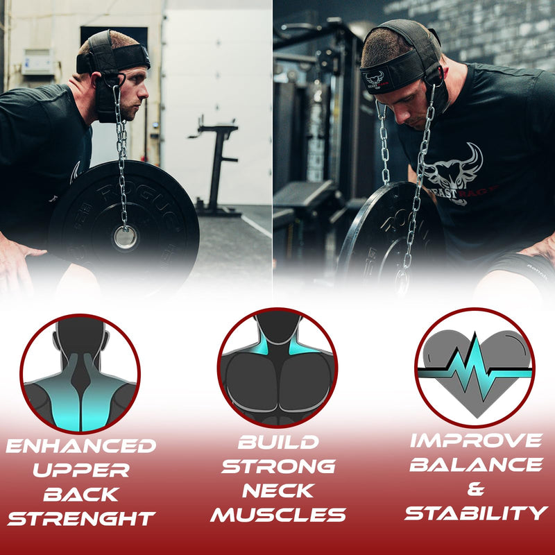 BEAST RAGE Neck Harness for Men, Long Steel Chain 30 inches Weightlifting Head Trainer Adjustable Strap Workout Muscle Strengthener Gym Training Ladies Chin Weight Training Padded Support Black