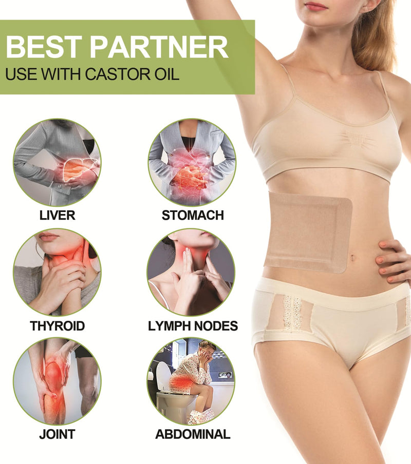 20pcs Castor Oil Pack Wrap, Portable Self-Adhesive, Disposable Castor Oil Pack Organic Cotton for Stomach, Liver, Belly & Entire Body, No Leaks, No Irritation, Stick Overnight (Kahaki) 1 Count (Pack of 20)
