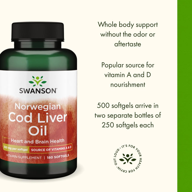 Swanson Cod Liver Oil with Vitamin A, 350 mg, 180 Softgels, 2 Pack | Supports Bone, Skin, Eye and Immune Health with Highly Absorbable Cod Liver Oil and Vitamin A 180 Count (Pack of 2)