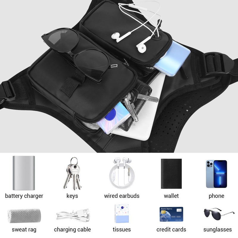 Chest Bag for Men, Waterproof Sports Utility Chest Pack with Water Bottle Holder&Phone Holder, Lightweight&Adjustable EDC Sports Chest Bag for Workout Running Fishing Cycling Hiking Skiing Black