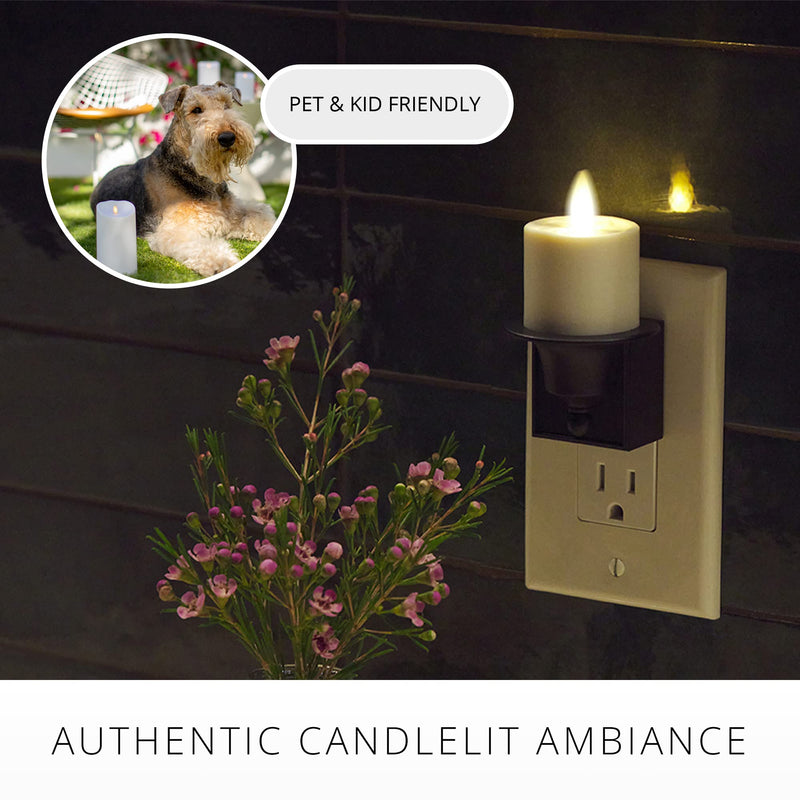 Luminara Flameless Candle Nightlight w/Dusk to Dawn Light Dark Auto Sensor, Black Wall Plug Indoor Night LED Light w/Real-Flame Effect Technology, Bathroom Bedroom Hallway, No Remote Needed