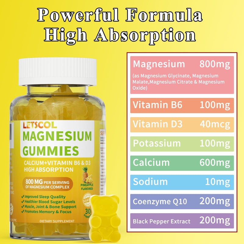 Magnesium Glycinate Gummies, Sugar Free Magnesium Supplement with Magnesium Malate, Calcium, Vitamin D3, B6, CoQ10 for Calm Support & Sleep for Adults Kids Pineapple 30 Count (Pack of 1)