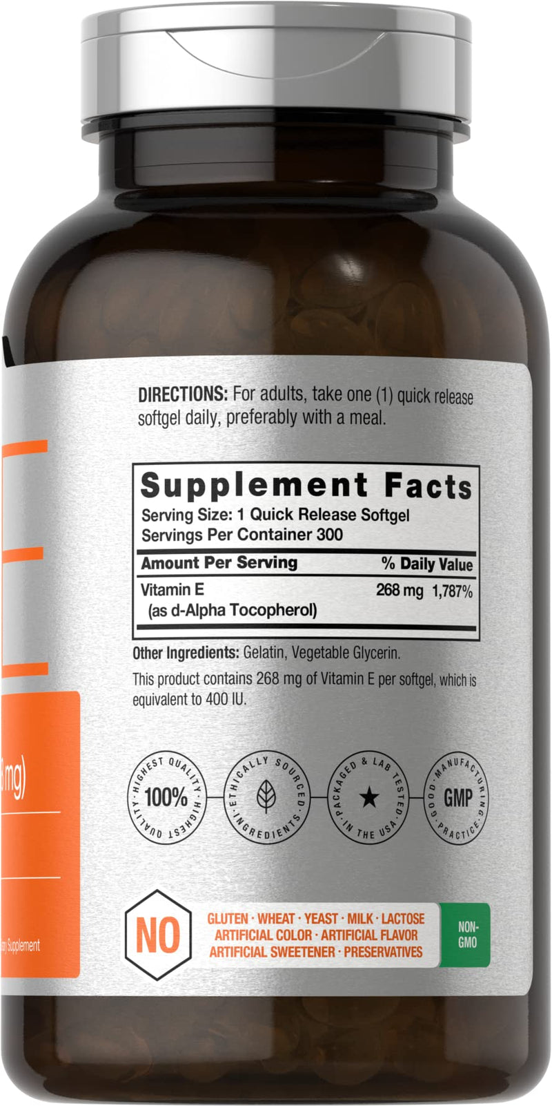 Horbäach Vitamin E Supplement | 400 IU (268mg) | 300 Softgel Capsules | D-Alpha Tocopherol | Non-GMO & Gluten Free Formula