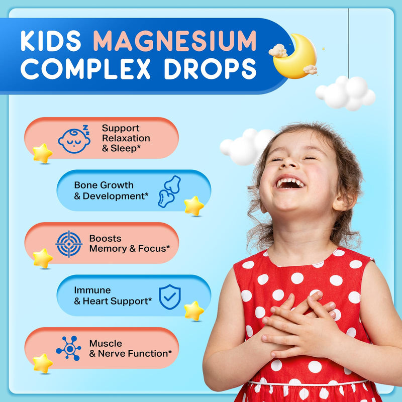Magnesium for Kids, Kids Magnesium Glycinate Liquid Drops with Calcium, Zinc, L-Theanine, Vitamin D3 K2, C for Sleep, Relaxation, Calm, Focus, Brain,Mood, Bones & Muscles - Strawberry Flavor 2 Pack 2 Fl Oz (Pack of 2)