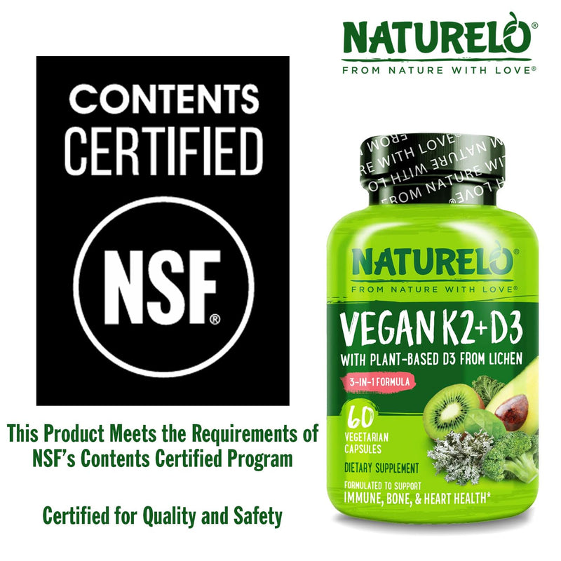 NATURELO Vitamin D3 K2 - Vegan K2+D3 with Plant Based D3 from Lichen - Natural D3 Supplement for Immune System, Bone Support, Heart Health - Whole Food - Non-GMO - Gluten Free, 60 Capsules (Pack of 2) Unflavored 60 Count (Pack of 2)