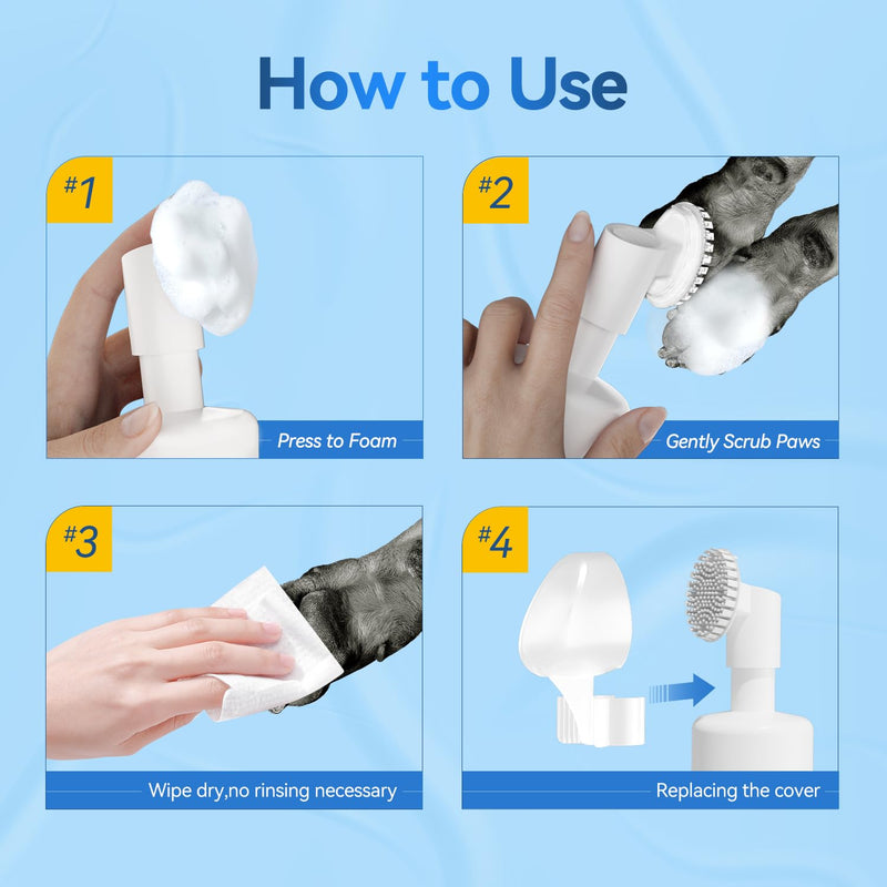 Paw Cleaner | No-Rinse Foaming Cleanser for Dogs Cats | 6.8 fl oz | Gentle and Safe | Pleasant Smell | Deep Clean Pet Paws | Bottle with Removable Soft Silicone Brush Paw Cleaner (1 Bottle) - BeesActive Australia