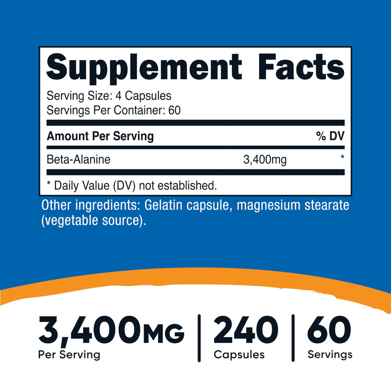 Nutricost Beta-Alanine Capsules 3400mg, 240 Capsules, 60 Servings | Potent Beta Alanine, Gluten Free & GMO-Free, 850mg Per Cap 240 Count (Pack of 1)