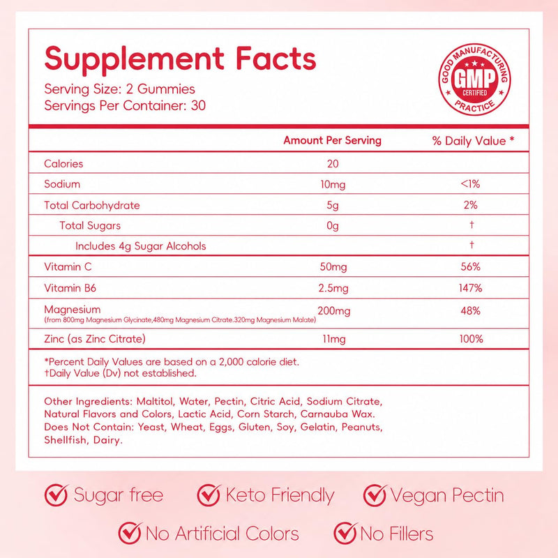 Sugar Free Magnesium Glycinate Gummies, Women, 120 Count, 2-Pack | High Absorption Triple Magnesium Complex, With Zinc, Vitamin B6, C, 60-Day Supply