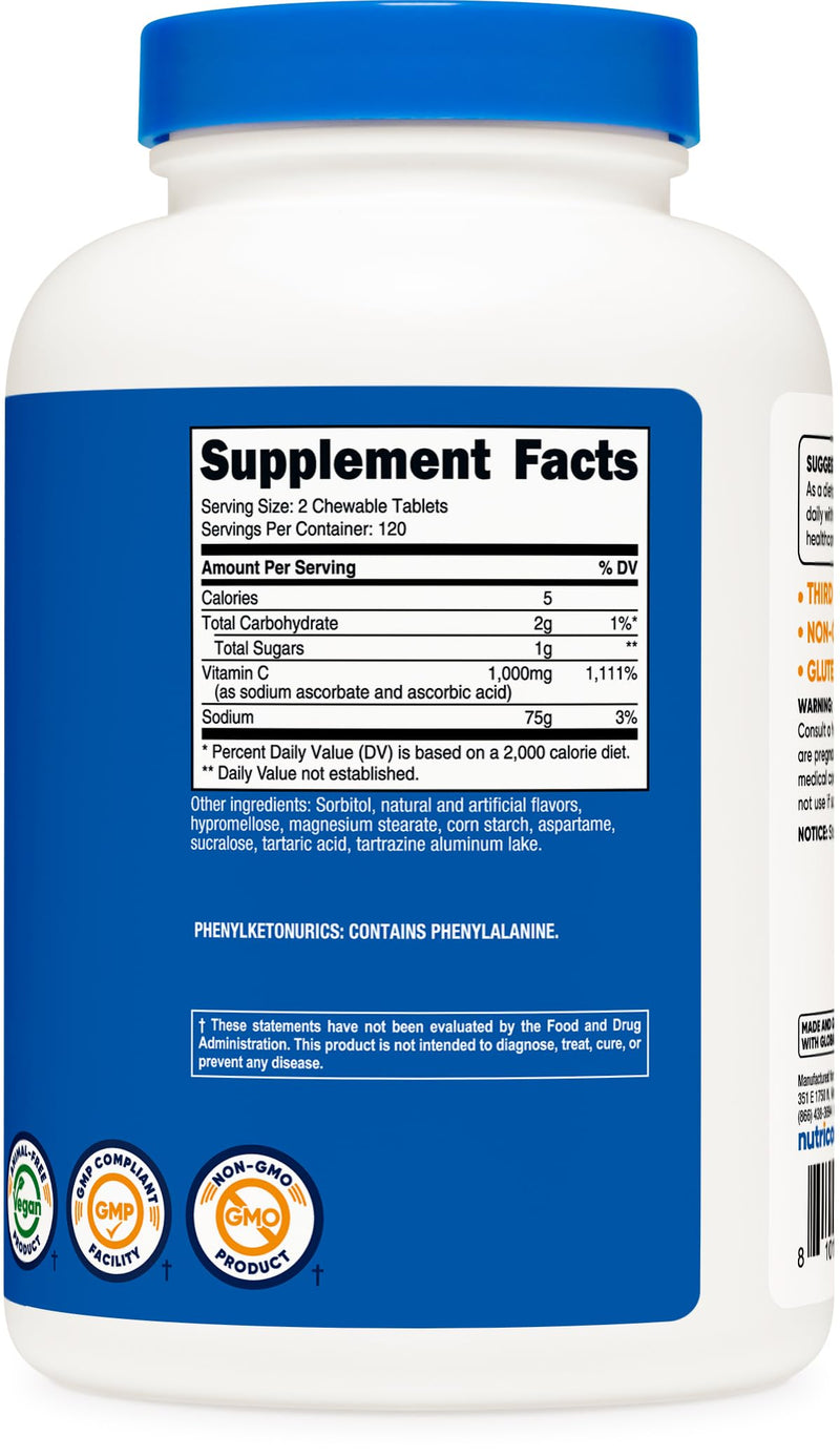 Nutricost Vitamin C Chewable (1,000mg) 240 Tablets, Vegan | GMO-Free, 120 Servings 240 Count (Pack of 1)