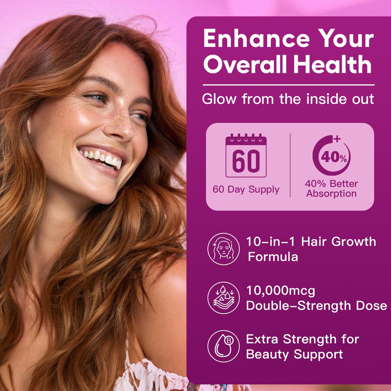 NATURE TARGET Biotin 10,000 mcg Hair Growth Vitamins 120 Veggie Capsules | With Collagen & Keratin, Fo-Ti, MSM, Zinc & B Vitamins; Supports Thicker, Stronger Hair, Skin & Nails 120 Count (Pack of 1)