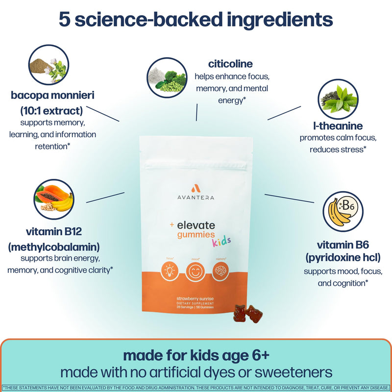Avantera Elevate Kids Gummies - Best Focus Gummies for Memory & Brain Support - No Caffeine - Low Sugar - 56 Gummies for Ages 6+