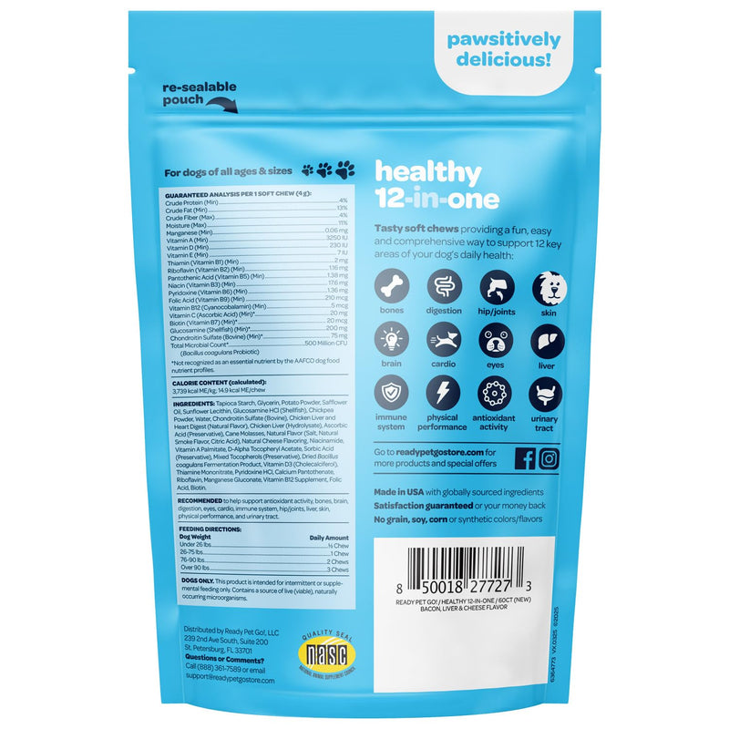 12-in-1 Complete Multivitamin for Dogs | Dog Multivitamin Chewable with Glucosamine Chondroitin & Digestive Probiotics for Dogs of All Ages and Sizes | NASC Certified & Made in The USA | 60 Chews 60 Count