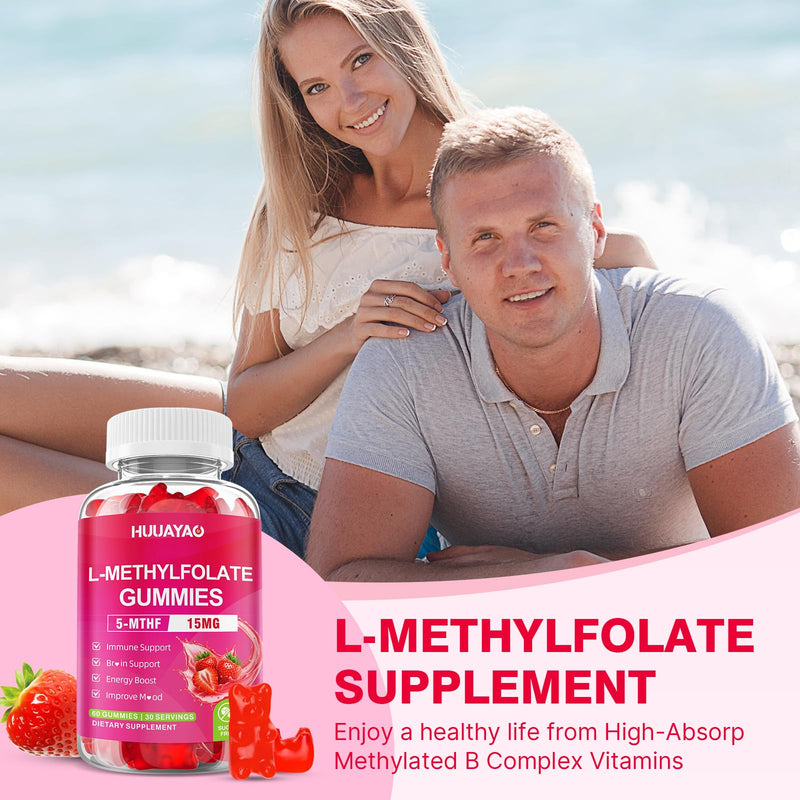 L-Methylfolate 15 mg Gummies, Methylfolate Supplement, Folate 5-MTHF Supplement for Support Mood, Brain Health, Immune System, Sugar Free, Strawberry Flavor, 60 Count 60 Count (Pack of 1)