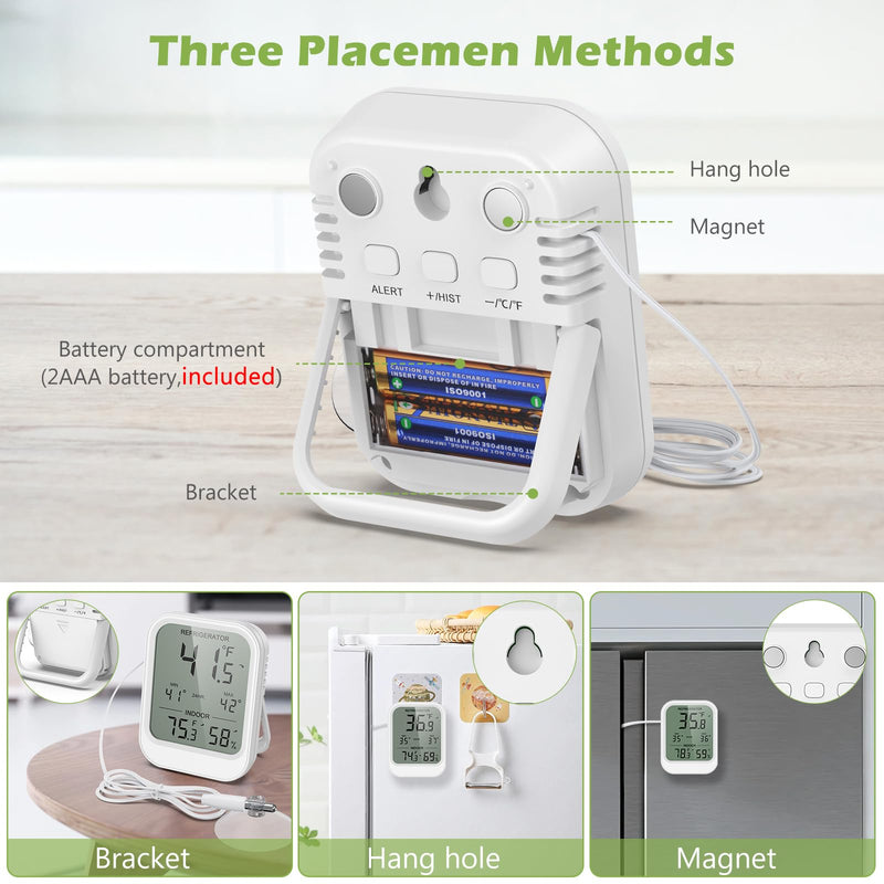 KeeKit Refrigerator Thermometer, Digital Freezer Thermometer with Waterproof Probe & Suction Cup, Temperature Monitor with Alarm, LCD Display, Min/Max Recording, for Fridge, Aquarium, Food Storage