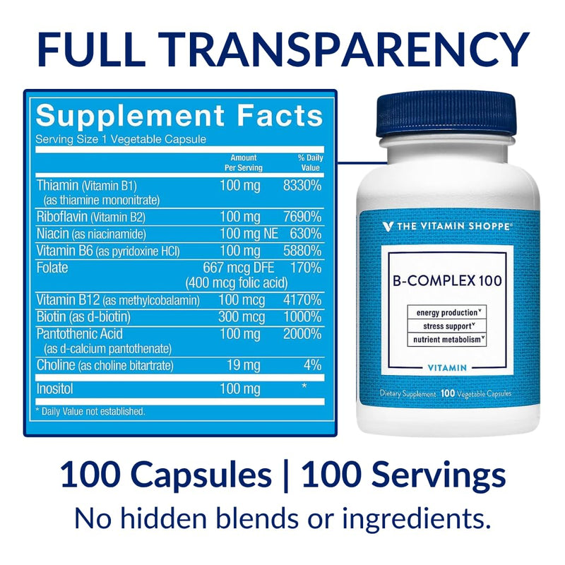 The Vitamin Shoppe B-Complex 100 - Complete B Vitamin Formula | Energy Metabolism & Nervous System | 300 Veggie Caps | High Potency 1 Count (Pack of 1)