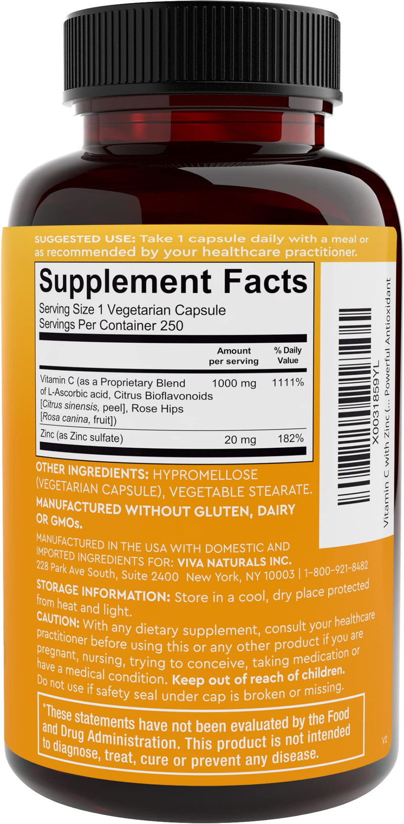 Viva Naturals Vitamin C and Zinc Supplements 1000mg - Zinc 20mg (250 Veggie Capsules) - High-Potency & Vitamin C with Zinc for Immune Support - Non-GMO, Gluten Free (8 Months Supply) Vitamin C + Zinc 250 Count (Pack of 1)