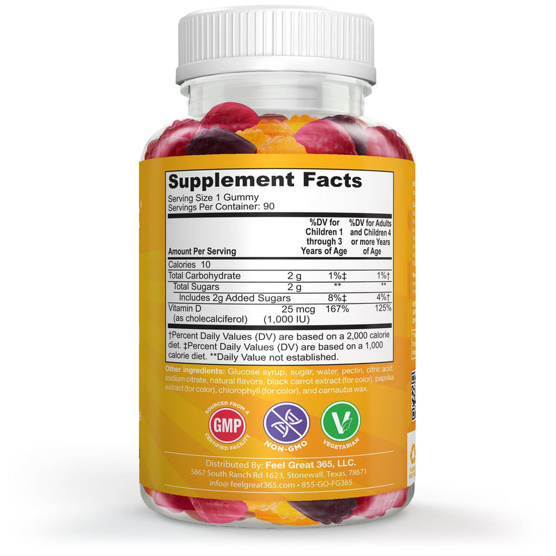 Feel Great Kids Vitamin D3 1000 IU Gummies, Bone & Immune Support, 90ct | Vitamin D3 for Immune & Bone Support, Citrus Flavor, Vegetarian Gummy, Year-Round Sunshine Nutrient Kids Vitamin D 90