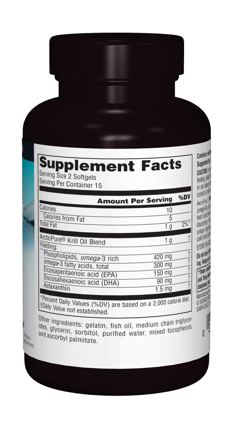 Source Naturals, ArcticPure® Krill Oil - 500 MG - 30 Softgels | Krill Oil Blend | Premium Omega-3 for Heart, Brain & PMS 30 Count (Pack of 1)