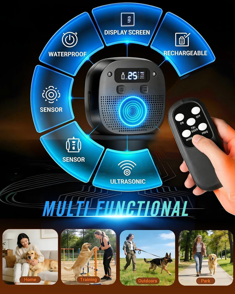 Dog Barking Control Devices, Anti Barking Device for Dogs with Remote Control, Ultrasonic & Sensor Technology, Rechargeable, Waterproof, Adjustable Modes & Frequencies (Pure Black)