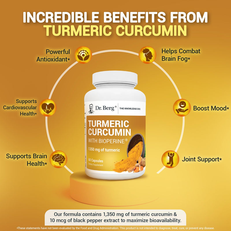 Dr. Berg (Only 2 Per Day) Turmeric Supplement with Black Pepper (BioPerine) - 1350 mg Turmeric Curcumin Supplement with 95% Curcuminoids – Turmeric Curcumin with Black Pepper – 60 Turmeric Capsules - BeesActive Australia