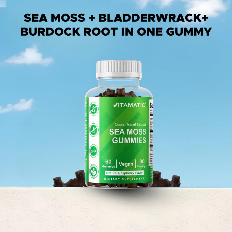 Vitamatic Sea Moss Gummies with Bladderwrack & Burdock, 60 Gummies - 2 Pack | Premium Botanical Blend for Immune Support*, Natural Raspberry Flavor, Vegan, Non-GMO, Gluten Free.