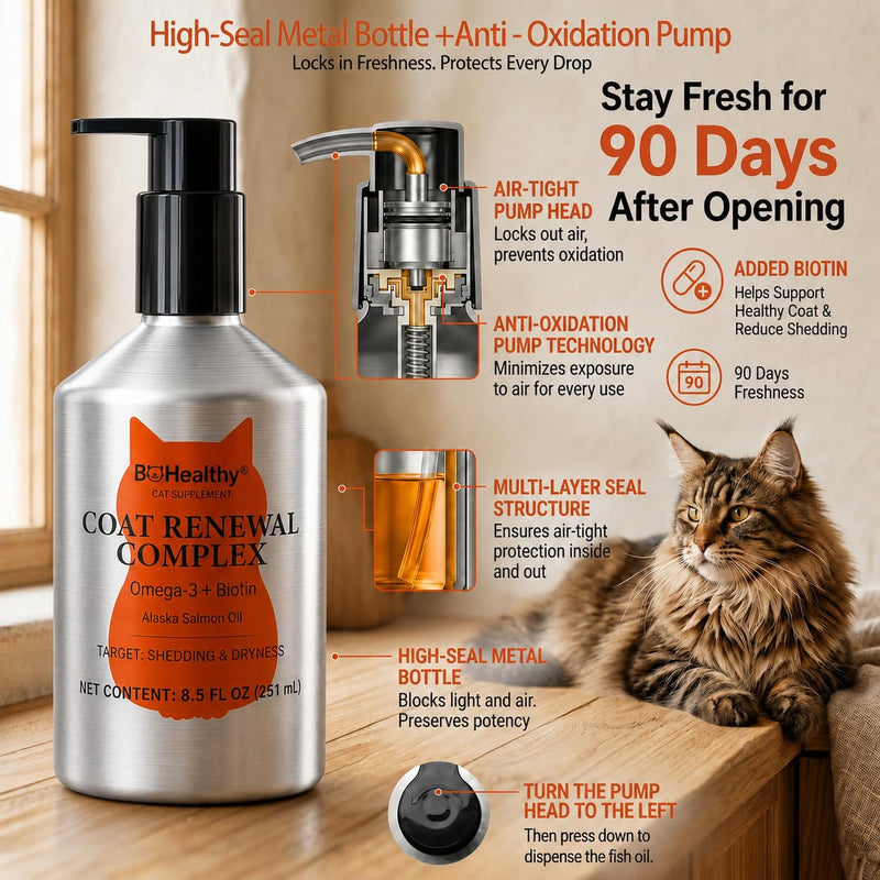 Omega 3 Fish Oil for Cats - Premium Food Grade Alaska Salmon Oil, Triglyceride Form with Vitamin E, D & Biotin - Skin Coat Joint Heart Immune Support, 8.5 FL OZ