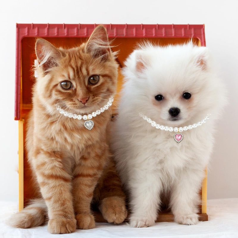 3 Pcs Pearl Cat Collar Adjustable Dog Pearl Necklace Collar Heart Rhinestones Pet Necklace for Pet Wedding Party Birthday Jewelry Accessories Make Your Cats and Dogs More Charming (White Pink Green) - BeesActive Australia