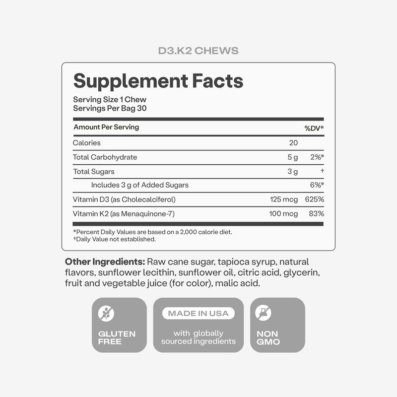 HumanN Vitamin D3 + K2 Chews, Mixed Berry Flavor, 30 Count | Arterial Health, Bone Strength, High Potency Vitamin D 5000 IU (125mcg), Non-GMO, One Chew Daily, For Adults, Made in USA 30 Count (Pack of 1)