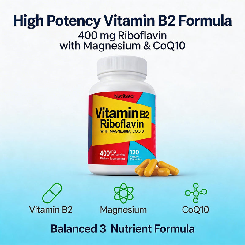 Vitamin B2 Riboflavin 400mg with Magnesium & CoQ10, High Potency Vitamin B2 Supplement for Energy Metabolism & Daily Wellness, 120 Veggie Capsules, 60 Day Supply