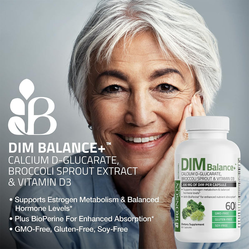 Bronson DIM Balance+ 200 mg & Calcium D-Glucarate, 30 Vegetarian Capsules | Broccoli Sprout, Vitamin D3 & BioPerine, Estrogen Metabolism & Balanced Hormone Support, Non-GMO, Gluten-Free & Soy-Free 30 Count (Pack of 1)