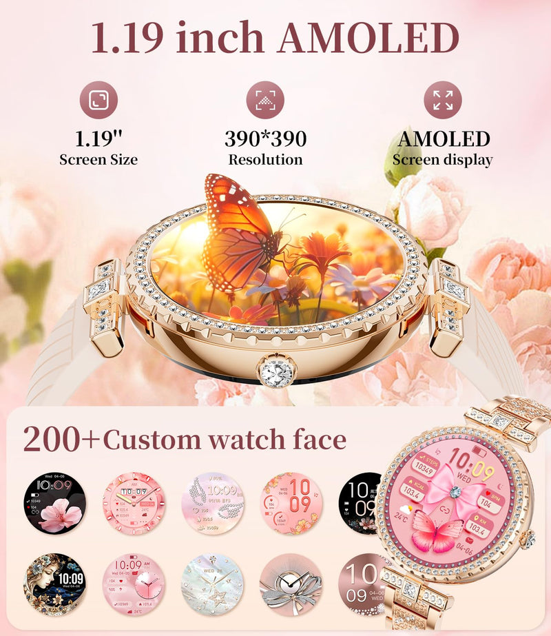 ESFOE Smart Watches for Women,1.19” AMOLED Smart Watch Women Answer Make Calls,IP68 Waterproof Fitness Tracker,Heart Rate Sleep Monitor,100+ Sports Pedometer Watch for Android iOS Phone,Gift,Rose Gold FV8-A(Diamond Metal Gold)
