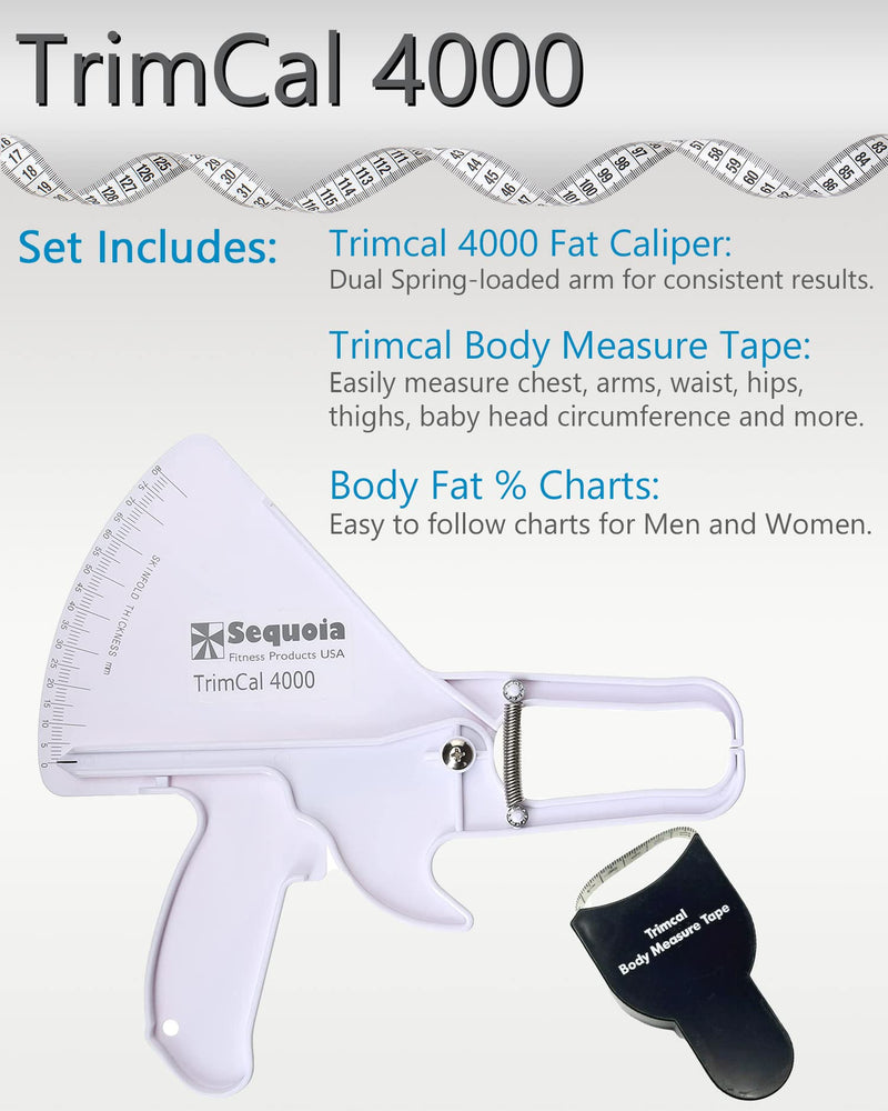 Sequoia Fitness Trimcal 4000 Body Fat Caliper with Body Measure Tape & Fat% Chart (White & Black), 1.0 Count