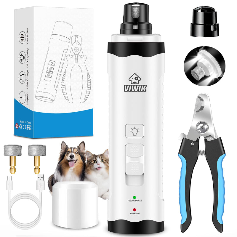 VIWIK Dog Nail Trimmers with Light, Cat Dog Nail Clippers, Dog Nail Grinder Quiet for Large Medium Small Dogs Paw & Cats Claw, Electric 2-Speed Pet Toenail Grooming Supplies, Gifts for Dog Lovers. White+Blue