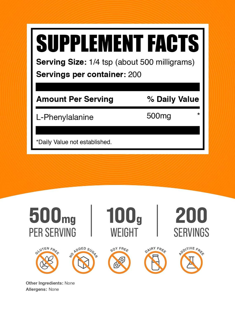 BulkSupplements.com L-Phenylalanine Powder - Phenylalanine Supplement, L-Phenylalanine 500mg - Amino Acids Supplement, Gluten Free, 500mg per Serving, 100g (3.5 oz) (Pack of 1) 3.53 Ounce (Pack of 1)